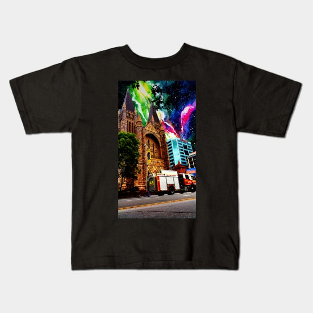 Brisbane City Space Collection - Brisbane City Church Kids T-Shirt by annaleebeer